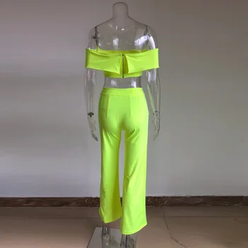 FIXSYS Neon Velniop Kaklo Dviejų dalių Komplektas Off Peties Elegantiškas Moteris Pasėlių Viršų ir Plati Koja Kelnės Bodycon Ilgos Kelnės Moterims Kostiumai