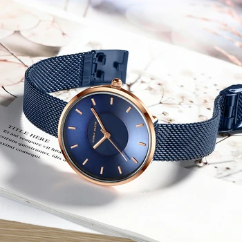 Naujas Kvarcinis Moterų Laikrodžiai Paprastos Konstrukcijos 3D Išlenkti Dial Moterų Laikrodis Nerūdijančio Plieno Juosta Blue Rose Gold Laikrodžiai Moterims
