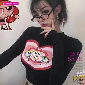 QWEEK Powerpuff Girls Marškinėlius Moterims Anime Spausdinti Kawaii Marškinėliai Moterims ilgomis Rankovėmis Mados 2021 Streetwear Slim Sexy Marškinėliai Moterims