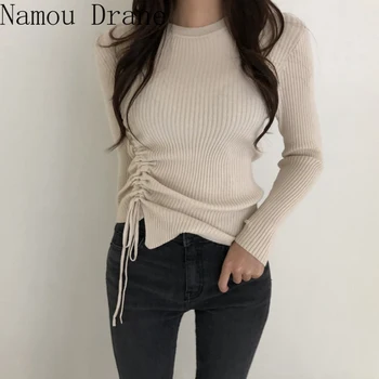 Korėjos versija prašmatnus nereguliarus suvarstomi raišteliu dugno megztinis moterų rudenį ir žiemą naujas plonas megztinis (puloveris)