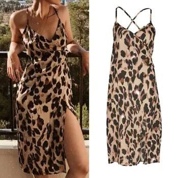 Moterų Berankovis Boho Leopardas Spausdinti Suknelė Ponios Vasaros Sundress Atostogų Strappy Kelio Ilgio Suknelė