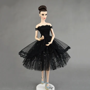 Lėlės Drabužius Barbie Lėlės Komplektus Princesė Vakare Šalis Suknelė Barbie Juodos Suknelės Off Peties Nėrinių Stiliaus Drabužiai, Žaislai