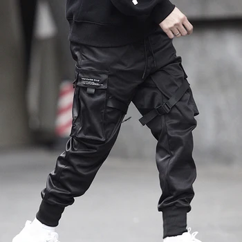 Vyriški Krovinių Haremo Kelnės Juodos Juostelės šonines Kišenes Hip-Hop Atsitiktinis Vyras Poilsiu Kelnės Mados Atsitiktinis Streetwear Kelnės