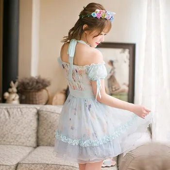 Princesė saldus lolit suknelės Saldainių Lietus vasarą atnaujinti gėlių spausdinti off peties šifono sluoksniuotos rankovėmis suknelės lankas C16AB6101