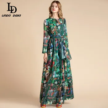 LD LINDA DELLA Vasaros Elegantiškas Bohemijos Maxi Suknelės Moterims, Ilgai Sleev Juostinės Džiunglių Gyvūnų Gėlių Spausdinti Ilgą Šifono Suknelę