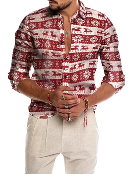 Camisa para hombre 2021, camisa savaiminio para fiesta de camisa de Navidad con botones, camisas con ciervos y copos de nieve y mu