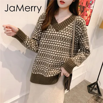 JaMerry Mados geometrinis storas megztinis V-kaklo moterų rudens žiemos (Puloveris Laisvalaikio Office lady mados megzti megztinis 2020 m.