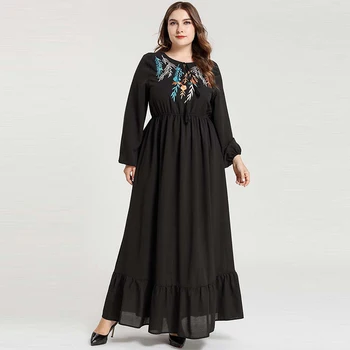 Naujas Arabijos Musulmonų Moterų Išsiuvinėti Lankas ilgomis Rankovėmis Elastinga Juosmens Maxi Suknelė Islamo Dubajus Turkija Elegantiškas Sijonas Artimuosiuose Rytuose