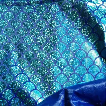 1m Ežero mėlyno lazerio mažųjų žvynų paauksuotas megztos medžiagos, Mermaid dekoratyviniai audiniai etapo rezultatus drabužių audinio pločio 150cm