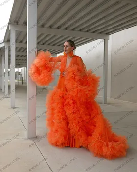 2021 Aukštosios Mados Oranžinės Spalvos Tiulio Raukiniai Motinystės Suknelė Apdaras Visiškai Sluoksniuotos Rankovėmis Pamatyti Per Moterų Suknelės, Striukės Oficialią Šalies Chalatai