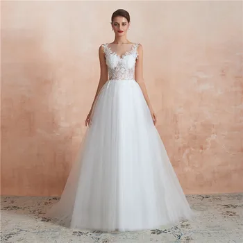 Kuklus Samtelis Kaklo Appliques Lace A-Line Wedding Dresses Tiulio Rankovių Užsakymą Vestuvinės Suknelės 2020 Rankovių Oficialų Nuotakos Suknelė