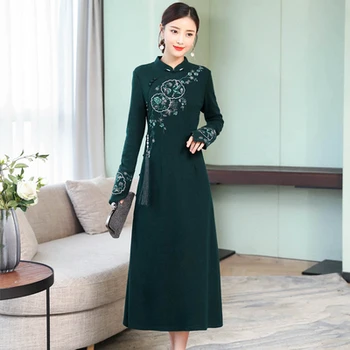 2021 M. Rudens Žiemos Retro Siuvinėjimo Pagerėjo Cheongsam Moteris Ilga Suknelė Prarasti Office Lady Gėlių Žalia Ponios Suknelės