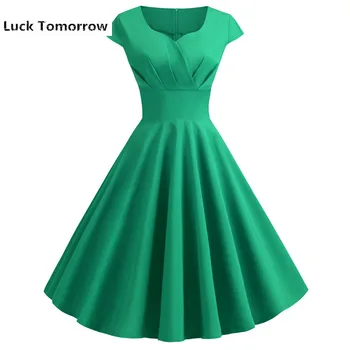 Mėlyna Atsitiktinis Vasaros Suknelė Moterims trumpomis Rankovėmis Hepburn 50s 60s Derliaus Elegantiškas Sūpynės Šalis Suknelės Plius Dydžio Plonas Vestidos 6 Spalvų