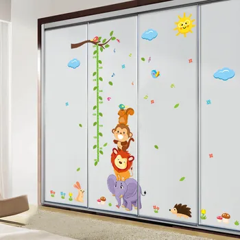 Gyvūnų Monky Paukščių Liūtas dangaus saulę, medį, kūdikis, vaikas, aukštis priemonė augimo diagramos namo sienos lipdukas lipdukas vaikas kambarys lopšelyje darželyje