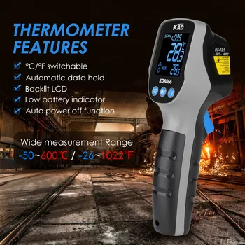 Skaitmeninis ir Spindulių Termometras -50~žemiau 600c Lazerio Temperatūros Matuoklis Ginklą Skaitmeninis LCD Pramonės Lauko Lazerių Pramonės Termometras