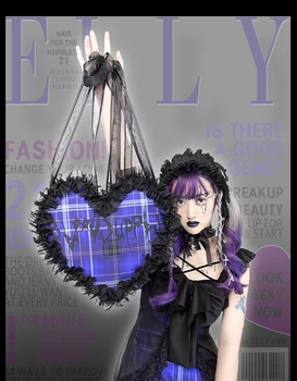 Tamsiai Mėlynos Spalvos Širdies Formos Saldus Lolita Kawayii Harajuku Goth, Gothic Cosplay Krepšiai Merginos Studentams