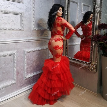 Stilingas Raudonas Trimitas Vakaro Suknelės Prom Pakopų Tiulio Nėrinių Appliques Oficialią Šalies Chalatas De Soiree Įžymybė Vestidos Fiesta