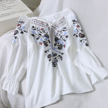 Siuvinėta Palaidinė Baltos Spalvos Marškinėliai Boho Viršuje Moterų Viršūnes Ir Palaidinės Blusas 2019 Kimono Ilgomis Rankovėmis Derliaus Modis Harajuku Siuvinėjimas