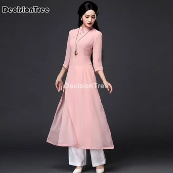 2021 folk stiliaus aodai suknelė+kelnės nustatyti vietnamas šifono aodai gėlių elegantiškas ao dai suknelė rytų suknelė cheongsam suknelė