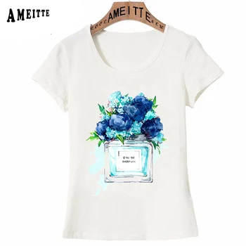 Kvepalų Buteliuko Akvarelė Rankomis Dažyti Violetinė /Rožinė/Mėlyna Gėlės T-Shirt 