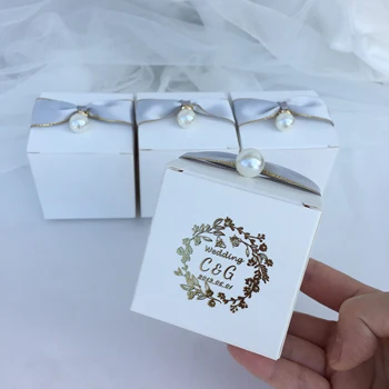 Custom aukso logotipas šokolado pakuotės 50pcs popieriaus balta Vestuvinė Santuokos, Krikšto, baby shower įvykis šalies naudai dėžutė saldainių dėžės