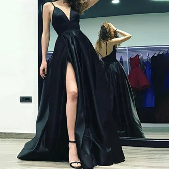 Satino Rankovių Backless Šalis Suknelė Moterų V-kaklo Spageti Dirželis Grindų Ilgis Maxi Suknelės 2020 Padalinta Kietas Juodos spalvos Drabužius