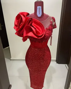 Aso Ebi Raudonos Suknelės Susiėmę Satino Nėriniais, Blizgučiais Vakaro Suknelė Undinė Moterų Oficialų Prom Chalatai