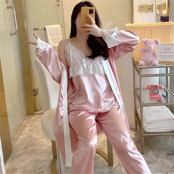 Rudenį namų paslauga trijų dalių rožinės spalvos nėrinių seksualus pižamą 2020 naujas ilgomis rankovėmis moterų sleepwear su krūtinės mygtukai pižamos moteris