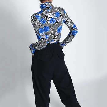 [EAM] Moterys Derliaus Gėlių Modelio Atspausdintas Mėlynos spalvos marškinėliai Naujas Golfo ilgomis Rankovėmis Mados Banga Pavasario Rudens 2021 1DD3967