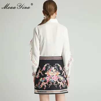 MoaaYina Mados Dizaineris Nustatyti Pavasarį Moterų Raukiniai ilgomis rankovėmis Palaidinės, Topai+Floral-Print sijonas, Dviejų dalių rinkiniai