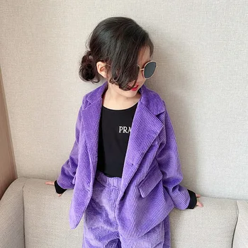 Vaikų mergaičių violetinė velvetas kostiumas 2020 m. rudenį naujų medvilnė velvetas striukė+kelnės 2vnt mergaičių drabužių komplektas, vaikų drabužiai
