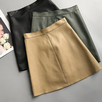 2019 m. pavasarį naujas PU dirbtiniais odos sijonas moterims aukšto liemens sijonas Armijos Žalia Chaki black atgal užtrauktukas kišenėje mini skrit 3XL 4XL 5XL