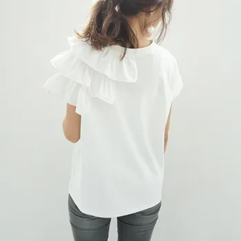 Vasarą balta pynimas viršuje tee mielas korėjos japonijos moterų drabužiai nesimetriškas trumpas rankovės marškinėliai ponios streetwear atsitiktinis marškinėlius