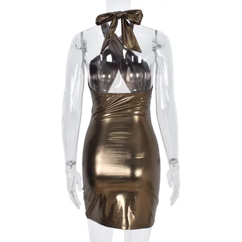 Moterų Clubwear Aukso PU Odos Suknelė Apynasrio Klubas Suknelė Seksualus Gimtadienį Mini Suknelė Bodycon Šalies Drabužių Vestido De Mujer 2021