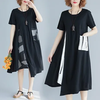 Juodos medvilnės skalbiniai plius dydis derliaus gėlių moterų atsitiktinis palaidų vasaros saulė suknelė elegantiškas drabužius 2021 ponios suknelės sundress