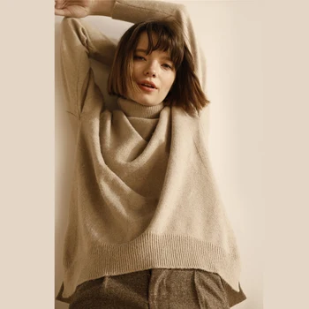 Kašmyro megztinis moterims, aukštos apykaklės prarasti tingus stiliaus megztinis moteriška rudenį, žiemą dalyje storas mezgimas top marškinėliai