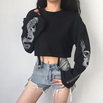 Gothic Punk Cool Girl Dragon Modelis t marškinėliai ilgomis Rankovėmis Petnešos Moterys T-Shirt Įgulos Kaklo Juoda Pasėlių Top Rudens Megztinis