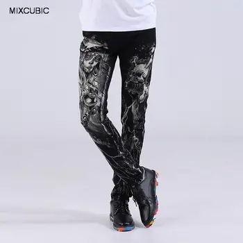 MIXCUBIC Rudenį Europos gatvės stiliaus Naktiniuose klubuose kaukolė spausdinti džinsai vyrams juoda atsitiktinis slim spausdinimo plauti džinsai vyrams,dydis 28-38