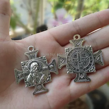 Katalikų religinių Dovanos, antikvariniai sidabro padengtą Saint St. Benedict St Medaliai kryžiaus Pakabukas sanctus pater benedictus40mm