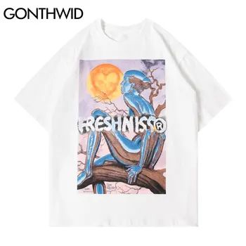 GONTHWID Tshirts Harajuku Hip-Hop Streetwear Vyrų Vasaros Medis Žmogaus Saulė Širdyje, Print T-Marškinėliai trumpomis Rankovėmis Medvilnės Atsitiktinis Tees Viršūnės