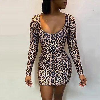 Moterų Sexy, Leopardas Bodycon Mini Suknelė Elegantiškas ilgomis Rankovėmis Backless Tuščiaviduriai iš Bandge Ponios Suknelės, Šaliai Klubas vestidos Clubwear