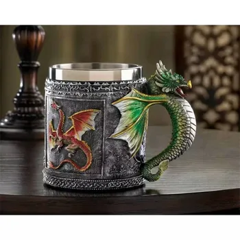 Dragon Puodelis Dvigubos Sienelės, Nerūdijančio Plieno, Retro 3D Kavos, Arbatos Puodelio Caneca Royal Kūrybos Tema Dervos Vyno, alaus taures
