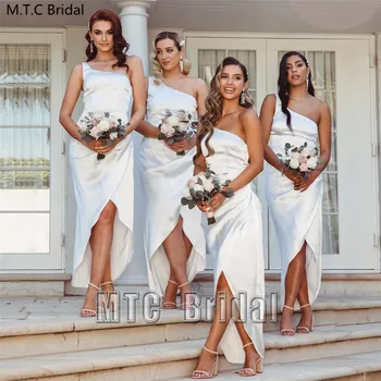 Baltos Spalvos Vieną Petį Ilgai Bridesmaid Dresses Blizga Satino Tiesiai Elegantiškas Vestuvių Svečių Suknelė Pritaikyti Moterims Oficialią Šalies Chalatai