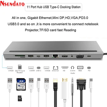 11 1 USB Tipo C HUB USB 3.0 HD RJ45 USB Skirstytuvo HUB Kortelių Skaitytuvas PD Docking station 