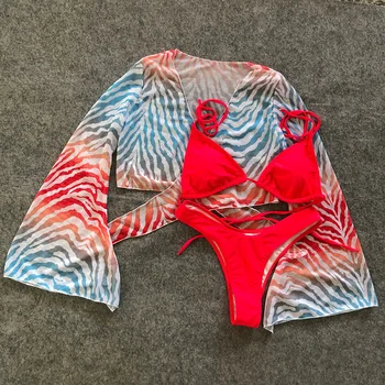 Naujas ilgomis rankovėmis Paplūdimio Brazilijos Bikini 2020 Moterų maudymosi Kostiumėliai, Moterų maudymosi kostiumėlį Tris gabalus Bikini komplektas Dryžuotas seksualus Maudymosi Kostiumas