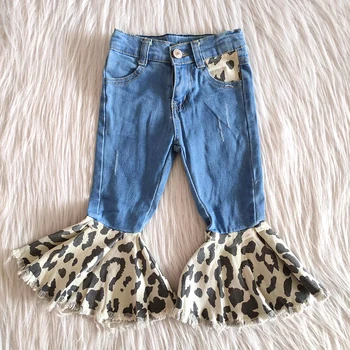 Naujas atvykimo kūdikių mergaičių saldus džinsus mergina leopardas ir pynimas dizaino džinsinio audinio kelnės vaikams, aukštos kokybės kelnės