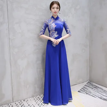 Kinijos Vakarinę Suknelę Iki 2018 M. Vasaros Moterims Gėlių Siuvinėjimas Pusė Rankovės Vestuvių Tradicinių Qipao Suknelės Nėriniai Cheongsam Elegantiškas