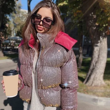 Moterų Blizgučiai Atspindintis Kamšalu Striukė Rudenį, Žiemą Šiltas Paltas Atsitiktinis Burbulas Paltas Streetwear Mados Moterų šiltas kailis