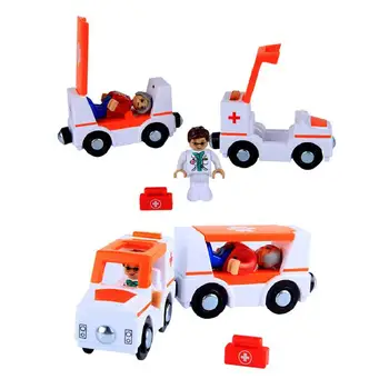 Mediniai Geležinkelio Traukinio Bėgių, kad žaislai Vaikams, Garso, Šviesos, Magnetas Fire Truck Policijos Automobilis, Greitosios pagalbos Mediniai Geležinkelio Lizdas Automobilių Žaislai