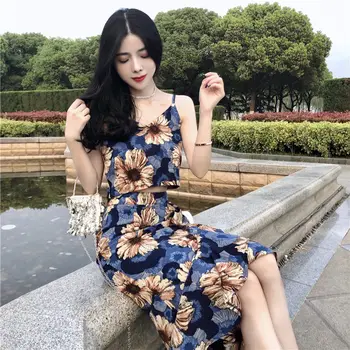 Mazefeng Naujas Moterų 2020 Gėlių Spausdinti Spageti Dirželis Derliaus Ponios Atsitiktinis Pynimas Sijonas Elegantiškas Vidurio Blauzdos Sijonas Korėjos Drabužių